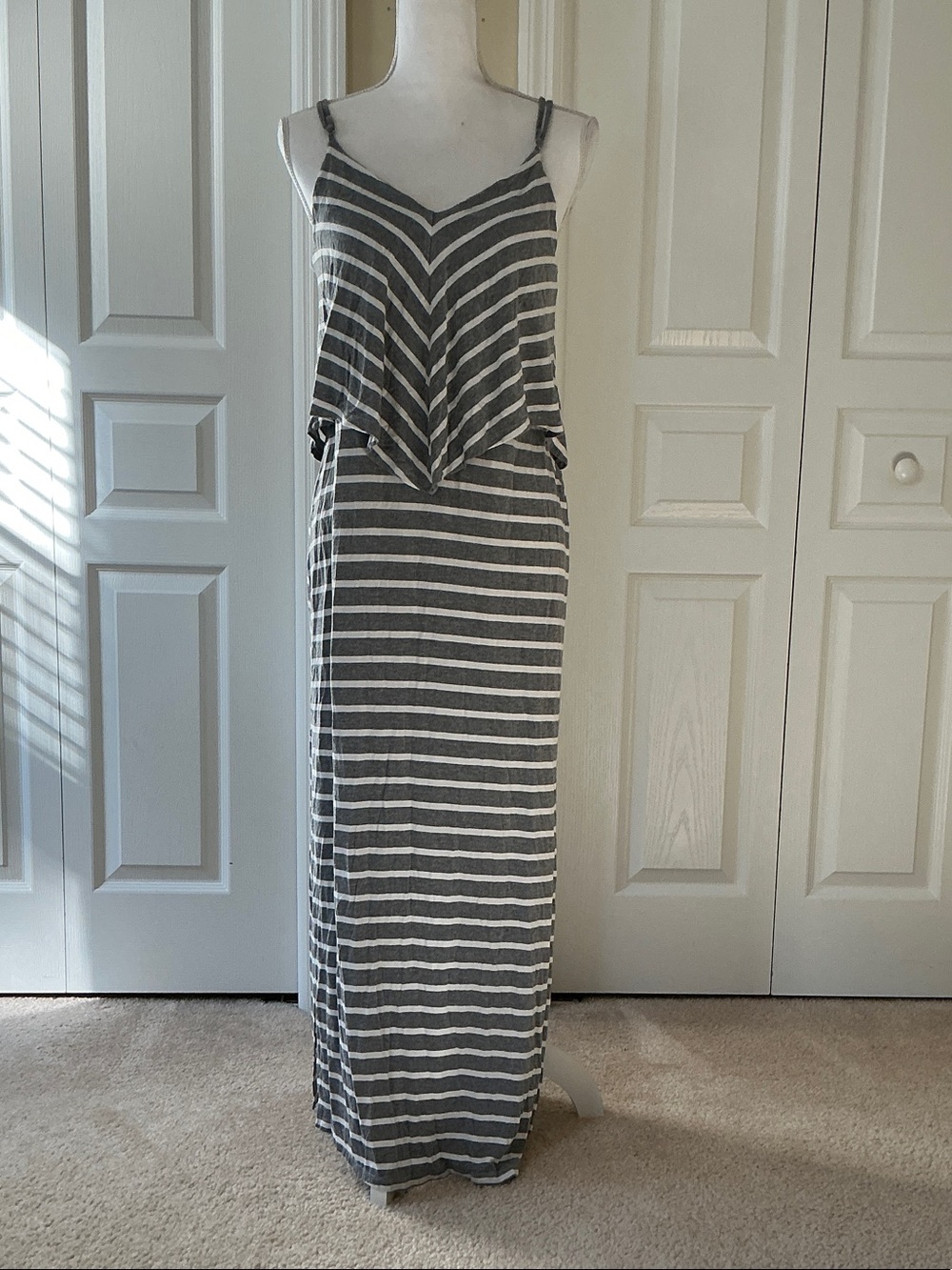 Mossimo Supply Co. Gray & White Striped Spaghetti Strap Maxi Dress